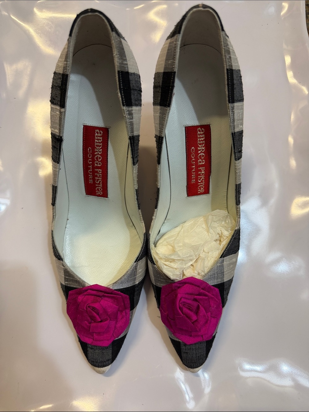Andrea Pfister Black & White Plaid Pumps with Pink Rosette Accent